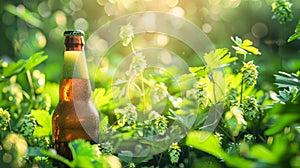 Brown glass beer bottle standing in hop cones