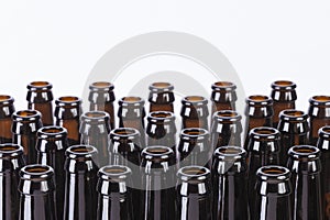 Brown glass beer bottles still life on white background