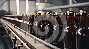 Brown glass beer drink alcohol bottles, brewery conveyor, modern production line. Generative AI