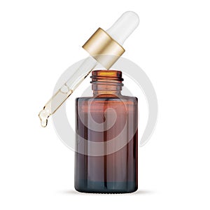 Brown glass bottle for cosmetics with a dosing pipette. A drop dripping from a pipette dispenser.
