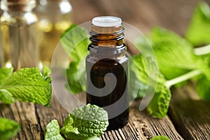 A brown glass bottle of essential oil with mint plant