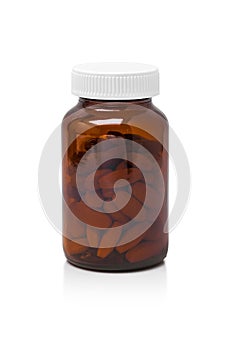 Brown glass bottle for supplement product isolated on white back