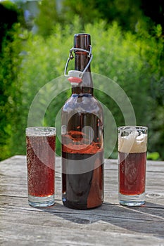 Brown glass bottle and two tall glasses full of frothy dark beer on rustic wooden table in summer garden