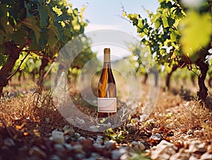 A brown glass bottle with white wine on the background of a vineyard on a sunny day. The concept of winemaking
