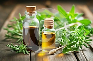 Brown glass bottles on a background of medicinal herbs on an old wooden background. Organic natural essential oil