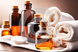 Brown glass closed bottles with aromatic essential oils and white rolled up towels. Spa body treatments, skin care, massage