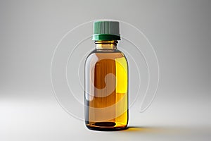 Brown glass medical bottle with clear liquid on plain background for advertising