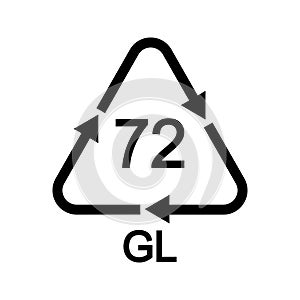 Brown glass recycling sign in triangular shape with arrows. 72 GL reusable icon isolated on white background