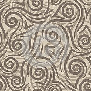 Brown graceful flowing lines corners and spirals on a beige background vector seamless pattern.Abstract texture waves or