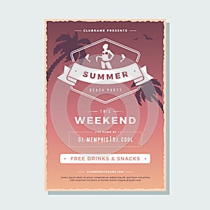 Brown gradient vintage summer beach party poster design with woman in bikini line shield vector