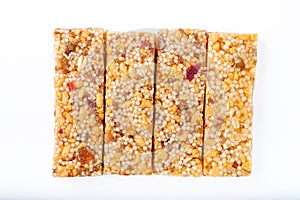 Brown granola bars isolated on white background
