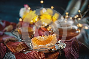 Brown grape sugar in transparent crystals closeup. Eastern sweetness to the tea