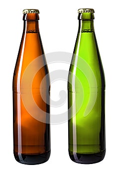 Brown and green bottles of beer isolated with clipping path