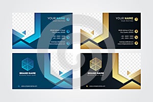 Business card with blue, gold, and black gradient colors. hexagon shape