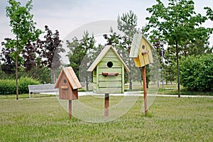 Brown, green and yellow birdhouses standing on green grass