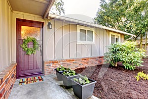 Brown grey house exterior with front door and spring landscape.