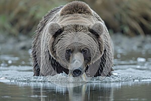 A brown Grizzly bear is fishing on the river. Hunting