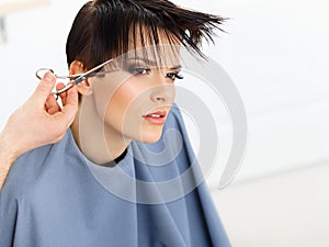 Brown Hair. Hairdresser Cutting Woman's Hair in Beauty Salon.