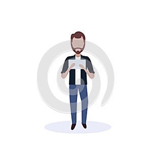 Brown hair man using tablet standing pose isolated faceless silhouette male cartoon character full length flat
