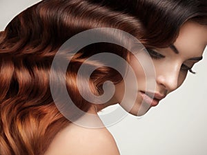 Brown Hair. Portrait of Beautiful Woman with Long Wavy Hair.