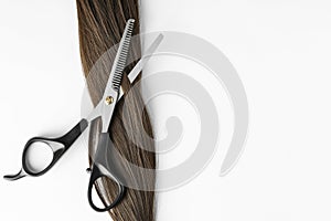 Brown hair and thinning scissors on white background, top view.