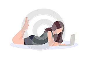 Brown hair woman using laptop lying pose isolated faceless profile silhouette female cartoon character full length flat