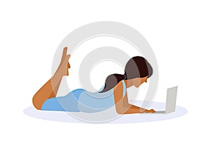Brown hair woman using laptop lying pose isolated faceless profile silhouette female cartoon character full length flat