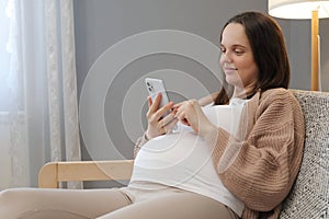 Brown haired adorable winsome woman wearing casual clothing sitting on couch at home scrolling online writing post to social