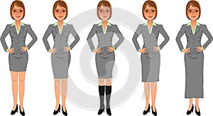 Brown-haired business woman grey skirt suit hands on hips