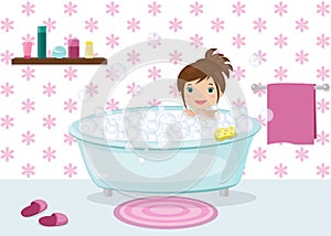 Brown-haired girl taking bath with bubbles