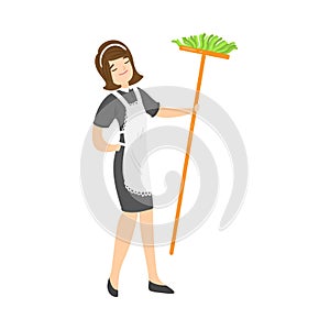 Brown-haired smiling housemaid posing with a broom. Vector illustration in flat cartoon style.