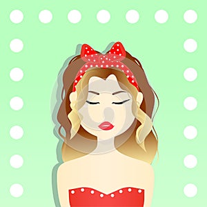 Brown haired woman girl in red dress with red bow and white circles on it, with red lips and closed eyes on light green