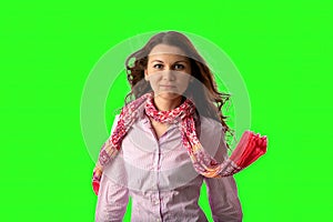 brown haired woman wiith scarf in green screen