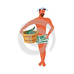 The brown-haired young man in bath towel standing with a birch broom and wooden basket. Vector colorful illustration in