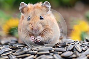 A brown hamster is perched on a mound of sunflower seeds, curious and alert, A curious hamster investigating a pile of sunflower