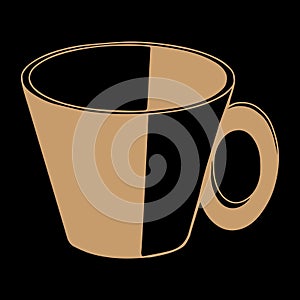 Brown hand drawing outline vector illustration of a cup for hot tea or coffee isolated on a black background