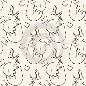 Brown hand drawn Spinosaurus in egg seamless pattern. Gender Neutral Jurassic dinosaur fossil silhouette for baby