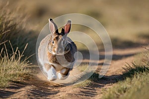 The brown hare is running. Wild brown hare in the field. The brown hare escapes from danger.