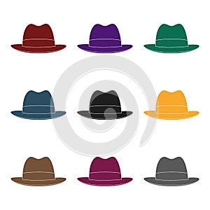 Brown hat with a brim. Headdress investigator for cover.Detective single icon in blake style vector symbol stock