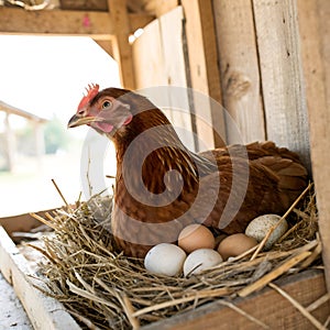 Brown Hen with Eggs in Nest Ã¢â¬' Farm Life Isolated