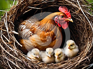 a brown hen sitting on her nest with her chicks