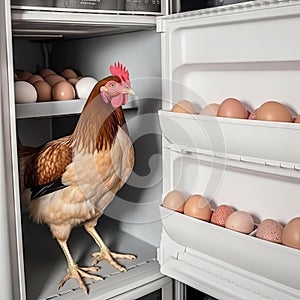 Brown hen standing inside opened refrigerator near chicken eggs. Funny Easter preparation concept