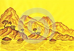 Brown hills on yellow background, painting