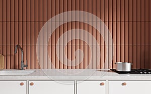 Brown home kitchen interior with washbasin and stove, minimalist shelves