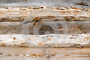 Brown horizontal texture of wooden logs, boards with knots, cracks and beautiful patterns of wood fibers