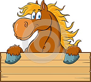 Brown Horse Cartoon Character Over A Blank Wood Sign