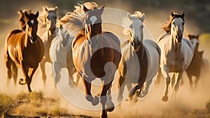 Brown horse galloping in field on sunny day created using