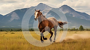 Brown horse galloping in field on sunny day created using