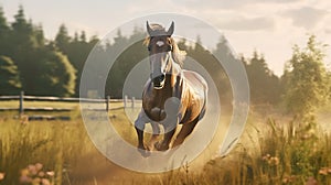 Brown horse galloping in field on sunny day created using