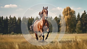 Brown horse galloping in field on sunny day created using